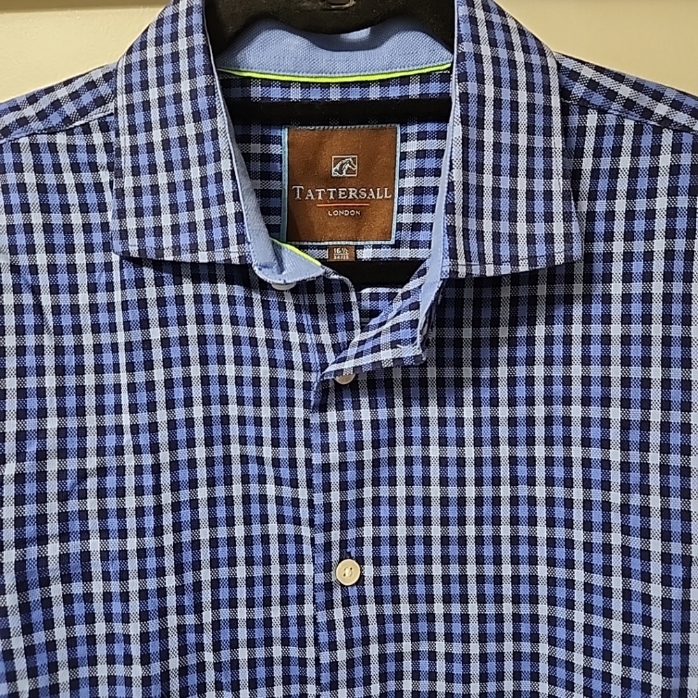 Tattersall London Men's Dress Shirt Blue Check Plaid Long Sleeve 16.5 34/35